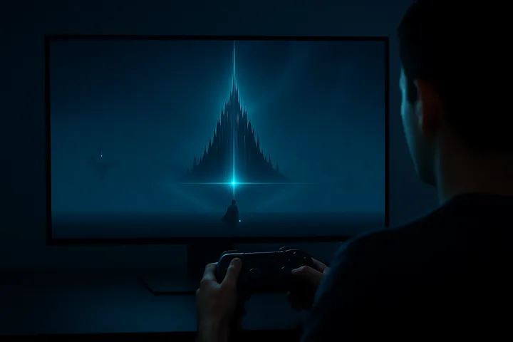 Alt Text: A player sits at their desk in a dimly lit room, seen from behind, gazing at a glowing monitor displaying the world of Neon Nexus: Lumination. The screen shows a luminous Citadel forming in a tranquil digital landscape.