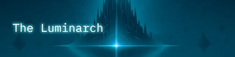 A massive glowing digital tower known as the Luminarch rising in a dark cybernetic sky, radiating blue energy and surrounded by floating data structures in the universe of Neon Nexus Lumination.