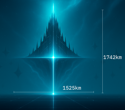 Artistic depiction of the Luminarch, a towering symmetrical structure in space, with horizontal and vertical lines indicating its scale as 12,742 kilometers in both height and width.