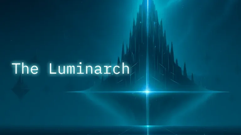 A massive glowing digital tower known as the Luminarch rising in a dark cybernetic sky, radiating blue energy and surrounded by floating data structures in the universe of Neon Nexus Lumination.