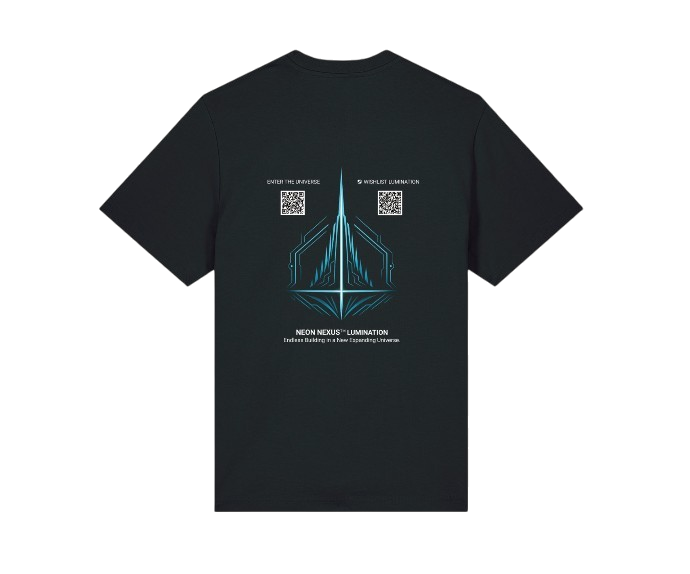 Back view of the official Neon Nexus Gamescom 2026 T-shirt featuring the Neon Nexus artwork and QR codes.